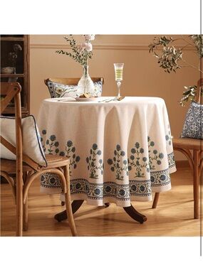 NEW patdrea Designer Linen Blue 67” Round Tablecloth, Vintage Leaves Design
